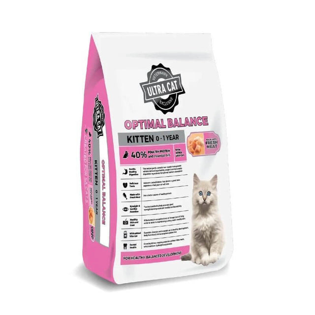 Ultra Cat Optimal Balance Kitten 2kg bag with fresh meat ingredients for healthy growth in kittens.