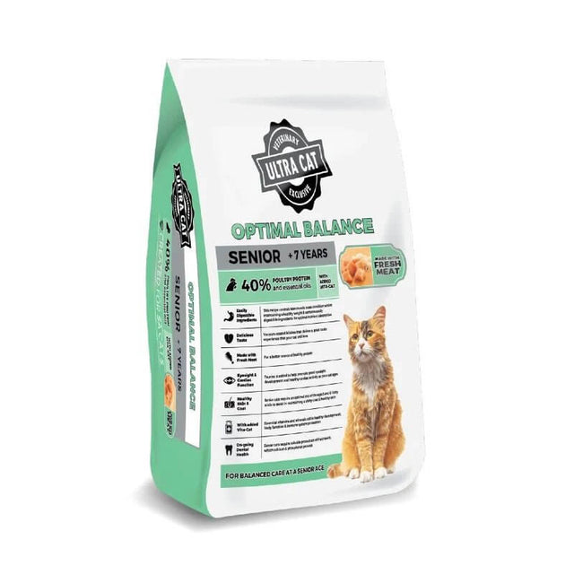 Ultra Cat Optimal Balance Senior 2kg cat food package featuring fresh meat and balanced nutrition for senior cats.