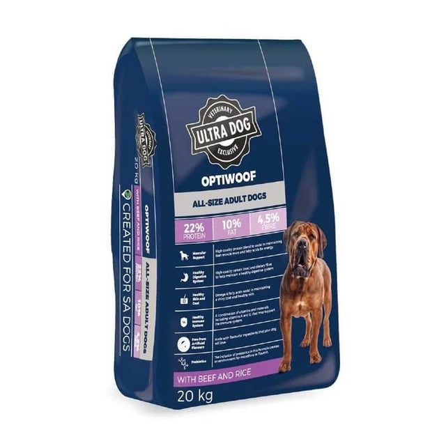 Ultra Dog Optiwoof Adult dog food bag with beef and rice, 20 kg, nutritionally balanced for strong muscles and healthy digestion.