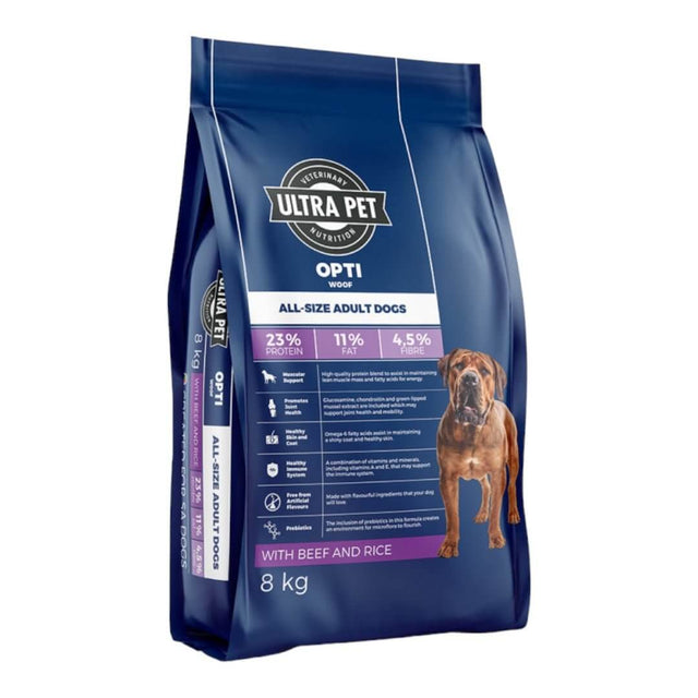 Ultra Dog Optiwoof Adult dog food bag with beef and rice, 8 kg, featuring balanced nutrition for adult dogs.