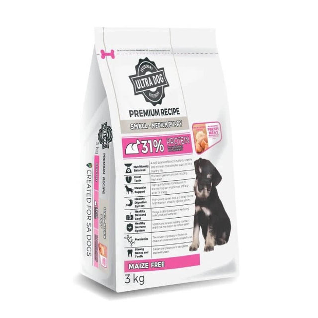 Ultra Dog Premium Recipe 3kg bag for small to medium puppies, maize-free, with 31% protein for muscle growth.