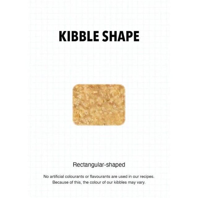 Rectangular-shaped kibble for Ultra Dog Superwoof, highlighting natural ingredients with no artificial additives.