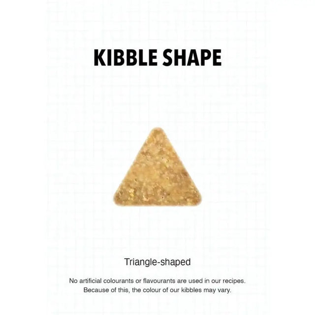 Triangle-shaped kibble for Ultra Dog Superwoof Senior, highlighting quality ingredients and no artificial additives.