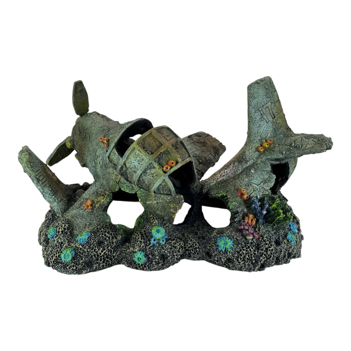 Intricately designed underwater airplane ornament for aquariums, featuring a sunken airplane wreck with vibrant coral accents.