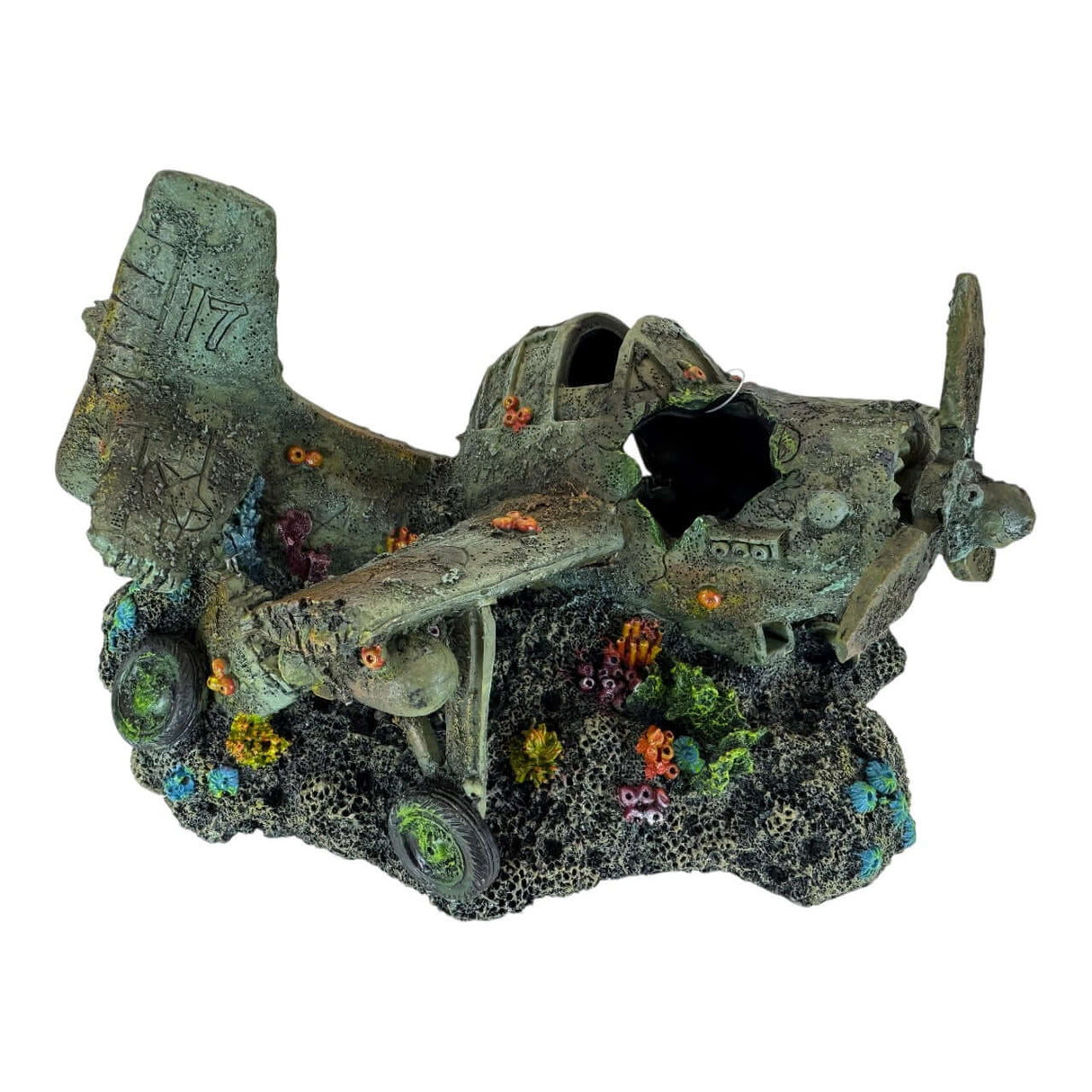 Underwater Airplane Aquarium Ornament featuring a weathered plane wreck with colorful coral accents.