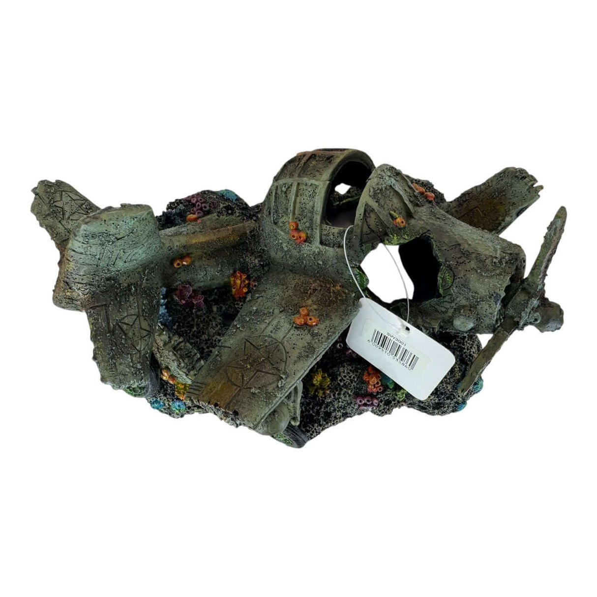 Underwater Airplane Aquarium Ornament, miniature airplane wreck, decor for fish tank, captivating underwater scene.