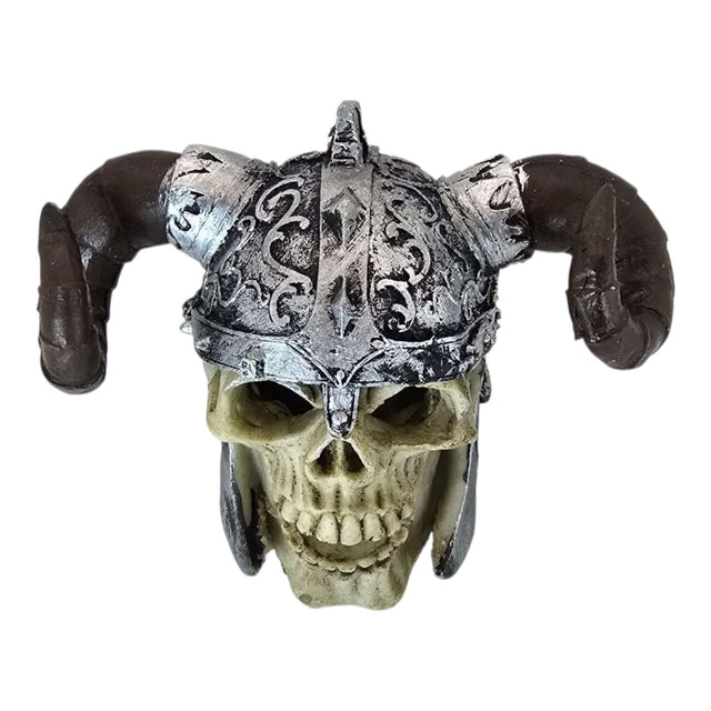 Viking Skull Aquarium Ornament with decorative helmet and horns, featuring detailed teeth and playful character.