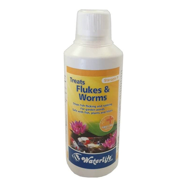 Waterlife Sterazin P bottle for treating flukes and worms in garden ponds, stops fish flicking and rubbing.