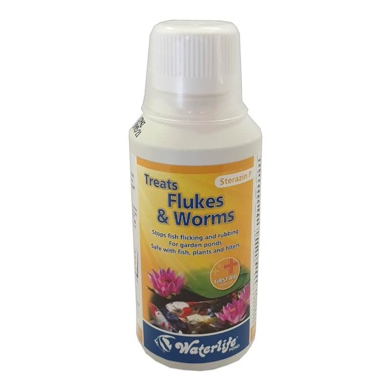 Waterlife Sterazin P treatment bottle for flukes and worms in garden ponds, safe for fish, plants, and filters.