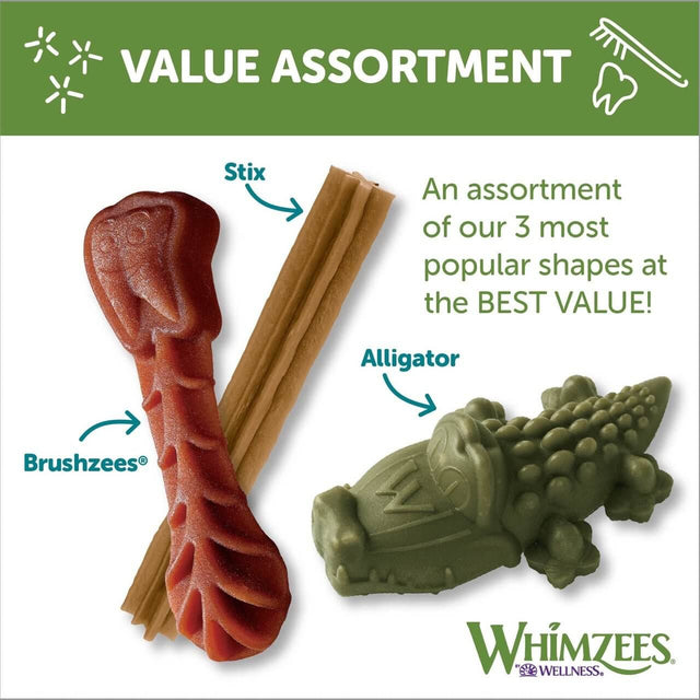 Whimzees Dental Dog Treats variety assortment featuring Stix, Brushzees, and Alligator shapes for optimal dental health.