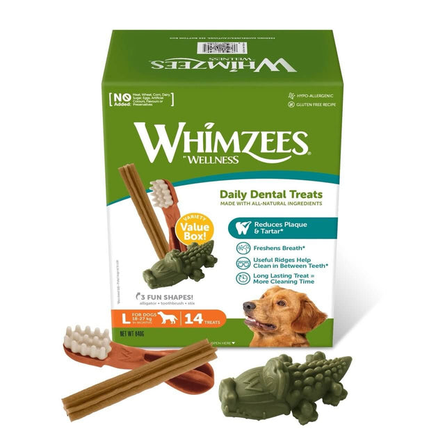 Whimzees Dental Dog Treats Variety Box featuring all-natural ingredients for tartar removal and fresh breath, ideal for dogs.