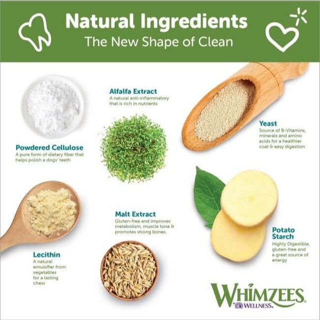 Infographic of Whimzees natural ingredients: powdered cellulose, alfalfa extract, yeast, lecithin, malt extract, and potato starch.