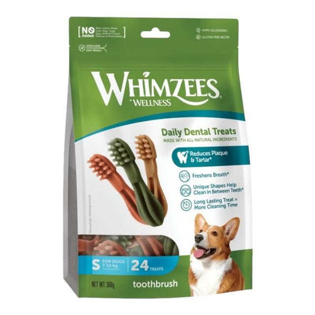 Whimzees Toothbrush Dog Treats package featuring dental chews for fresh breath and plaque reduction, suitable for dogs.