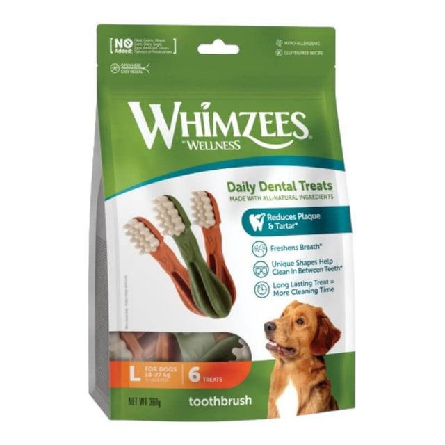 Whimzees Toothbrush Dog Treat package showcasing unique dental chews for fresh breath and plaque reduction.