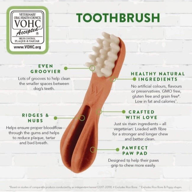 Whimzees Toothbrush Dog Treat showcasing its natural ingredients and unique design for promoting dental health in dogs.