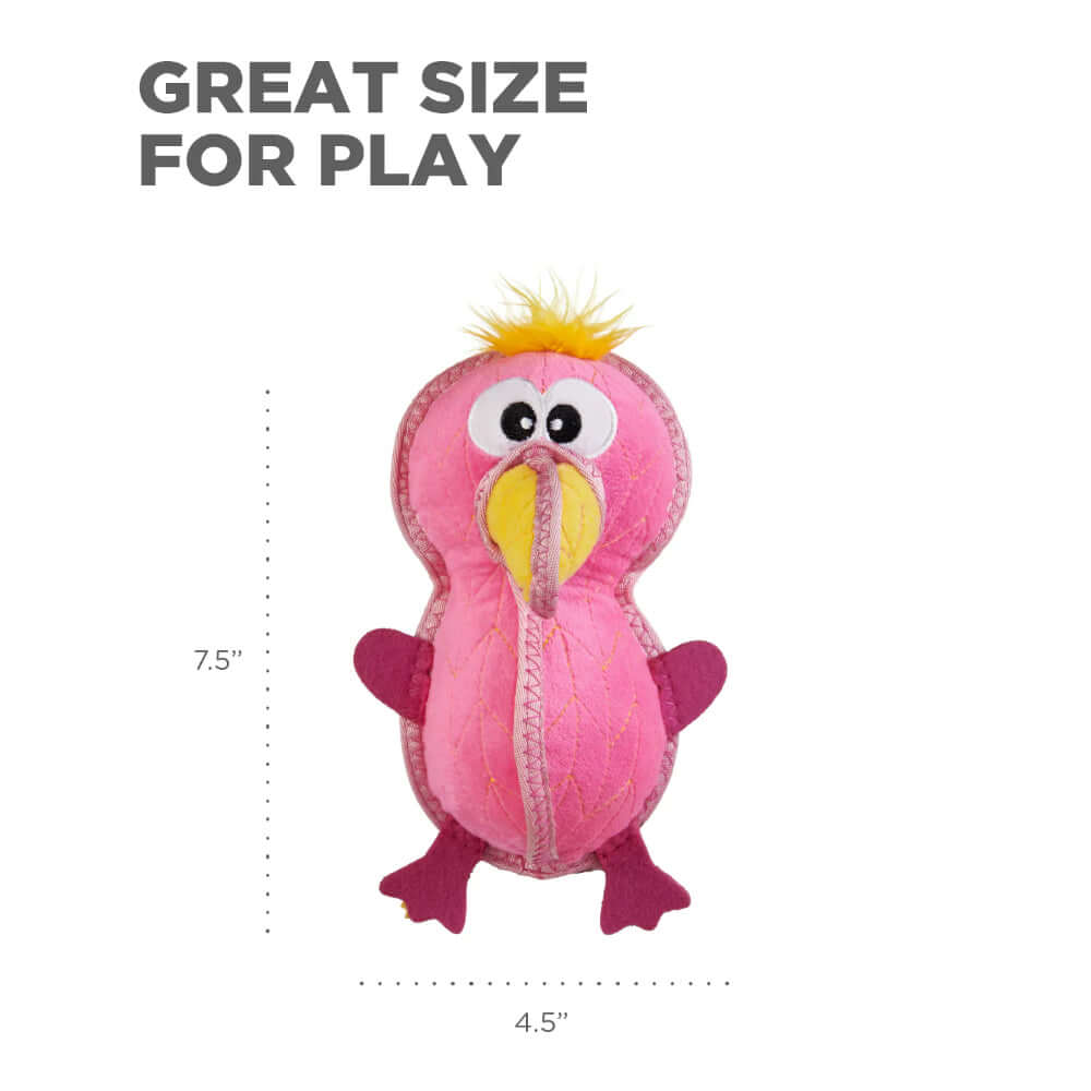 Xtreme Seamz Flamingo plush toy, great size for play, measuring 7.5 inches tall and 4.5 inches wide.