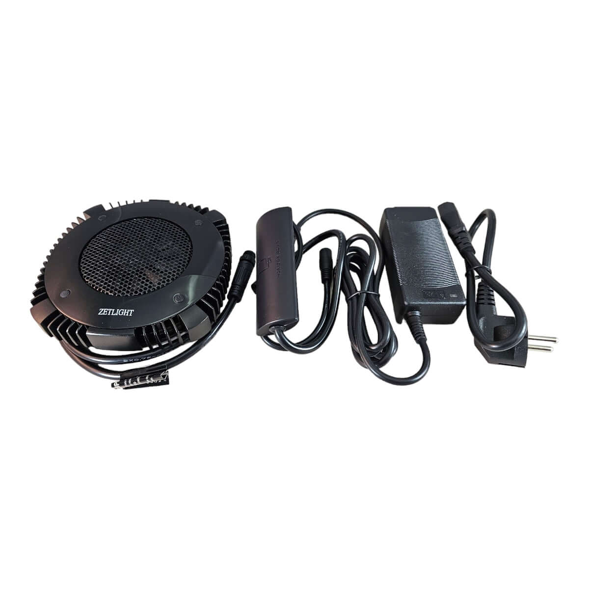 Zetlight X9 Marine LED Light cooling fan and power adapter set, designed for efficient heat management and connectivity.