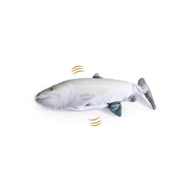AFP Jittering Fish Sardine toy, USB rechargeable, mimics real fish movement, includes catnip and silvervine, size 28 x 12 x 5.5cm.