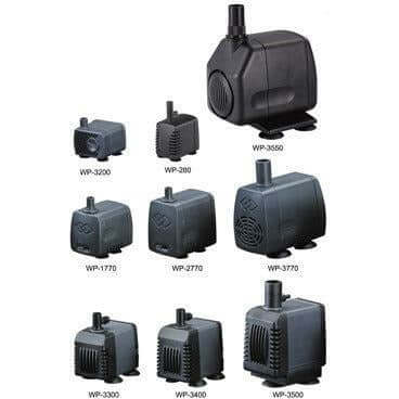 Various SOBO submersible water pumps including models WP-3200, WP-3500, and WP-3400 displayed together.