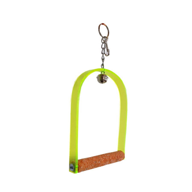 Acrylic budgie swing with sand perch and bell, perfect for enhancing your pet's playtime and promoting healthy beak care.