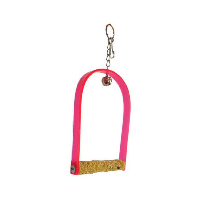 Acrylic budgie swing with sand perch, pink frame, and bell for playful bird activities. Ideal for exercise and nail trimming.
