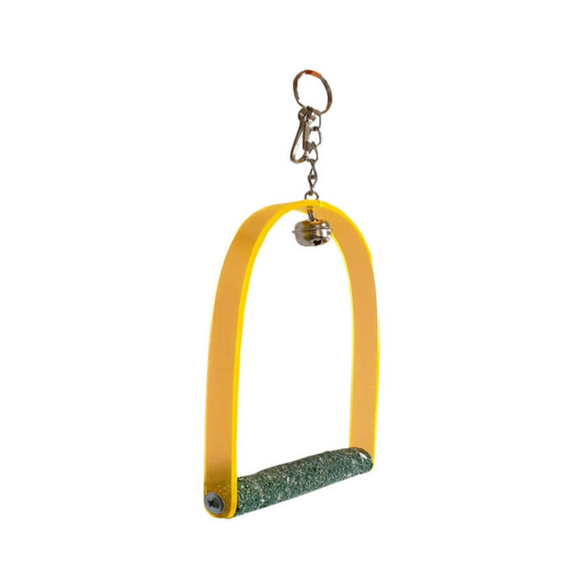 Acrylic budgie swing with sand perch for fun and healthy playtime, featuring durable yellow frame and comfortable grip.