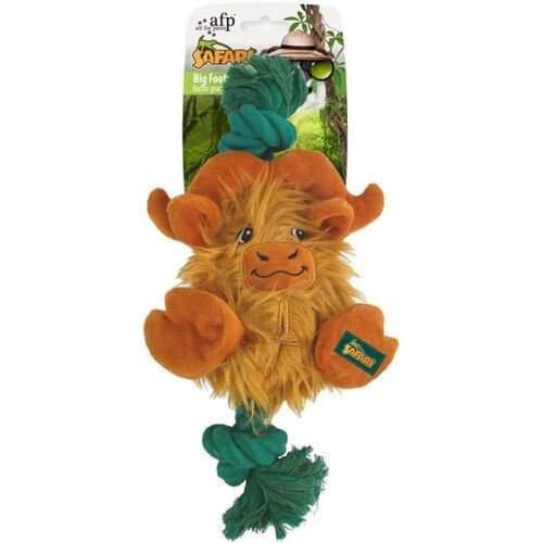 AFP Big Foot Buffalo dog toy with rope for tugging, designed for chewing, breeds excitement with various textures.