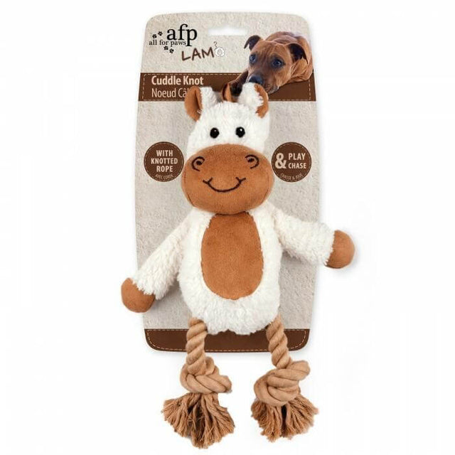 AFP Cuddle Knotted Rope dog toy with plush horse design and knotted rope for playful chewing and tugging fun.