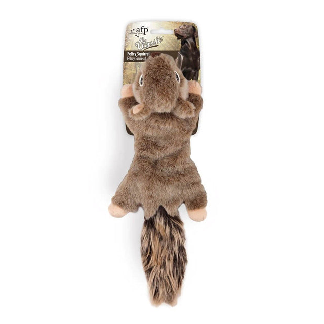 AFP Felicy Squirrel plush toy, fluffy and cuddly with squeaker, perfect for fetching and play, size 42cm x 16cm x 9cm.