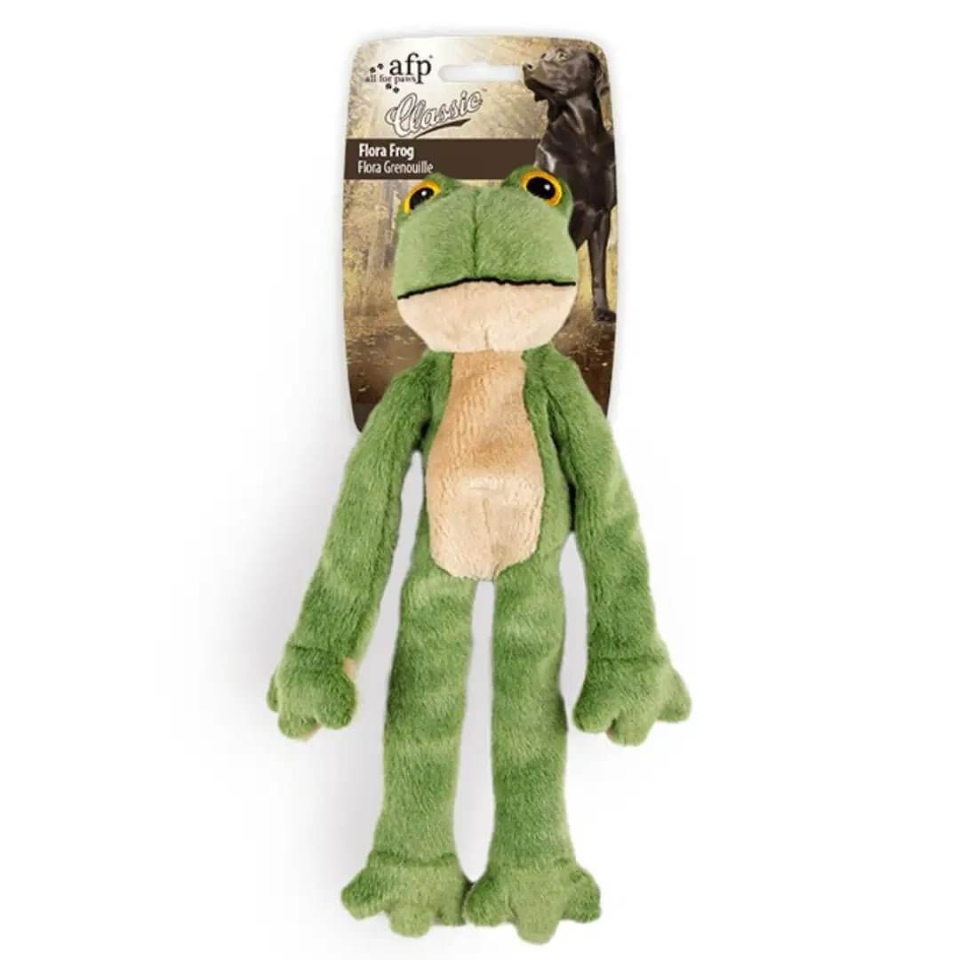 AFP Flora Frog dog toy with two-toned green and cream body and squeaker for interactive playtime fun.