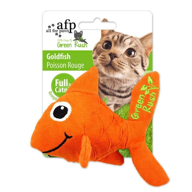 AFP Goldfish Cat Toy in bright orange with sparkly eyes, perfect for enhancing cat playtime and infused with aroma.