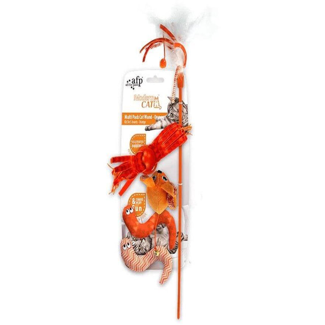 AFP Magic Wings Wand 5pk in orange for cats, featuring colorful toys and feathers, size 53 x 13 x 3.8cm.