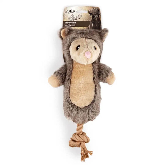 AFP Rob Possum plush dog toy with embroidered eyes and rope, perfect for cuddling and playtime.