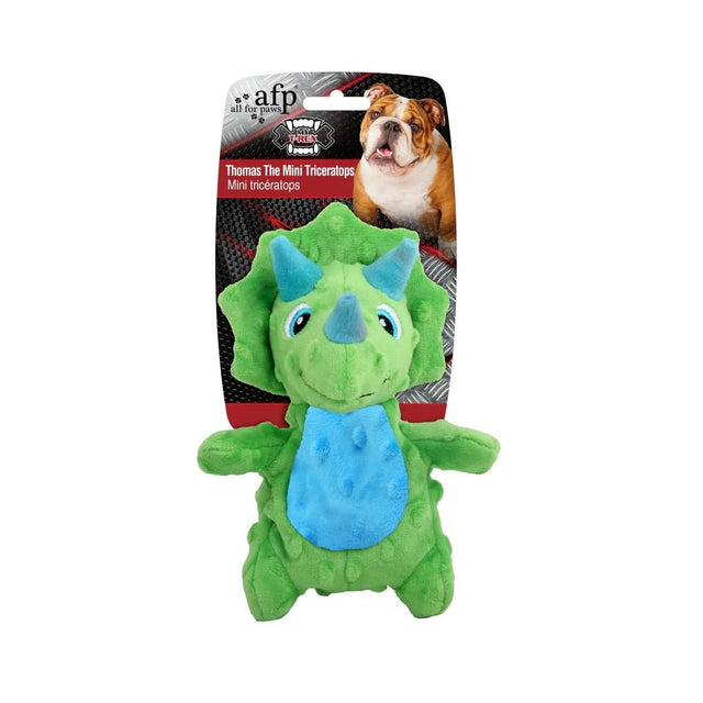 AFP Thomas The Mini Triceratops toy, durable plush with crinkle sound, perfect for ongoing play for pets. Size: 18 x 12 x 12cm.