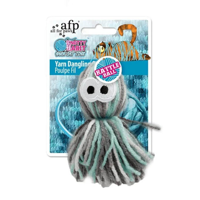 AFP Yarn Dangling Octopus toy for cats, featuring multi-colored yarn and jingle bell for interactive play.