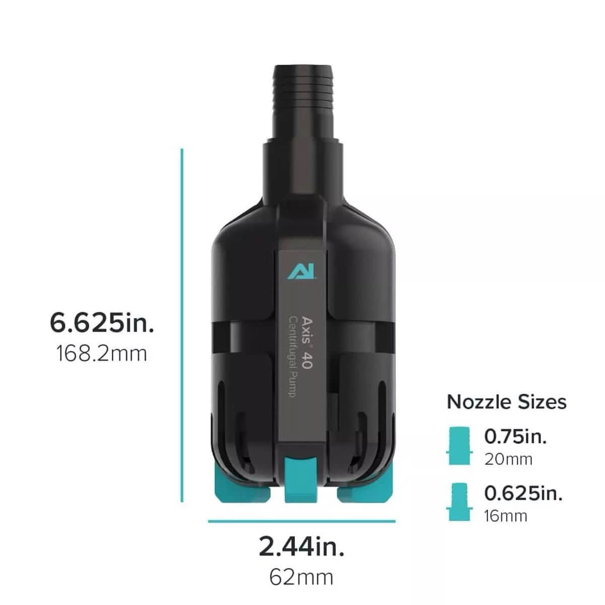 AI Axis Centrifugal Pump dimensions and nozzle sizes, showcasing height of 6.625 in and width of 2.44 in for efficient aquarium use.