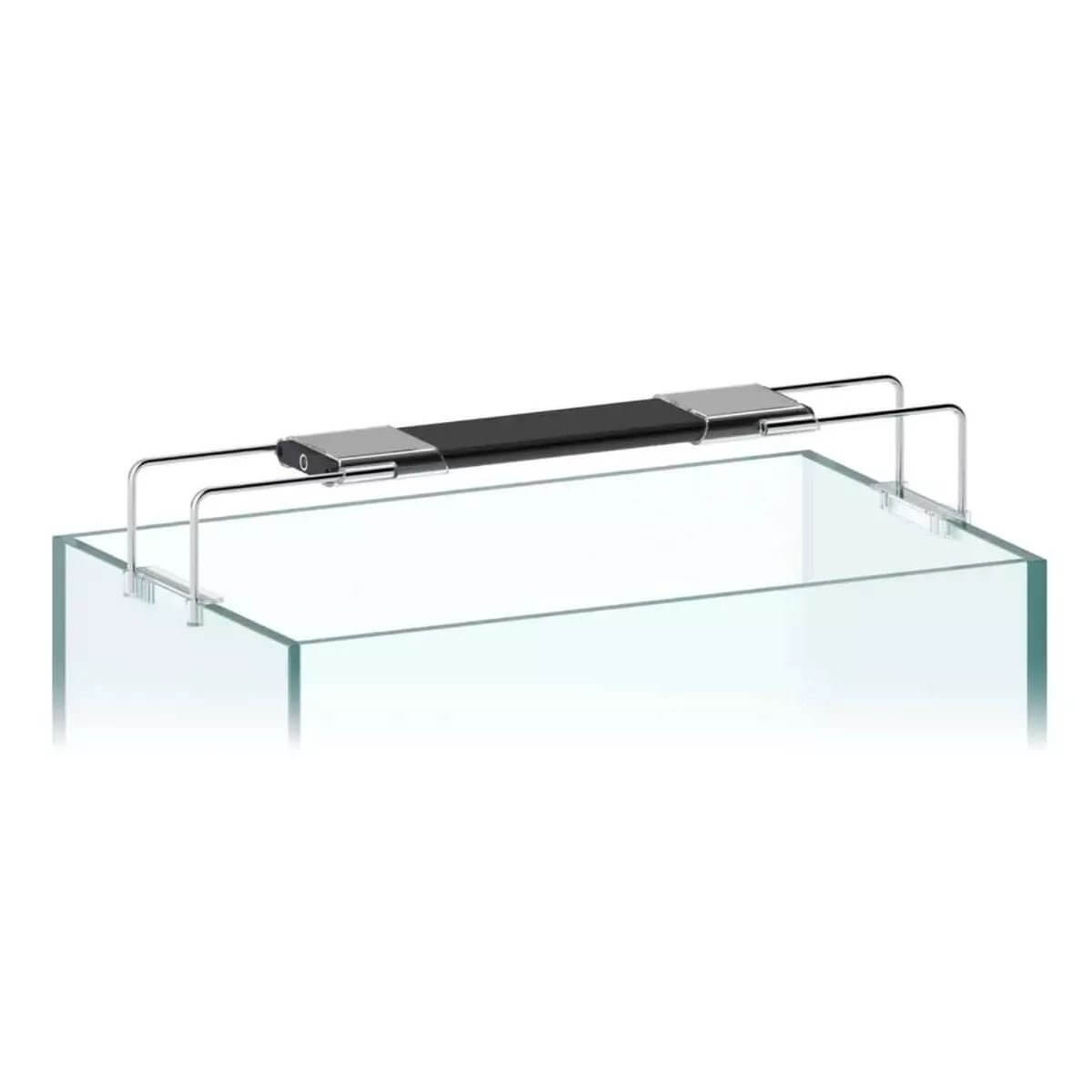 AI Blade LED Elevated Tank Mount on a glass aquarium, enhancing light spread and access for aquarium care.