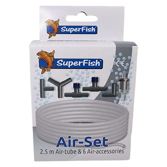 Air-Set Airline Tubing kit with 2.5m tubing and 6 accessories, ideal for aquarium aeration by SuperFish.