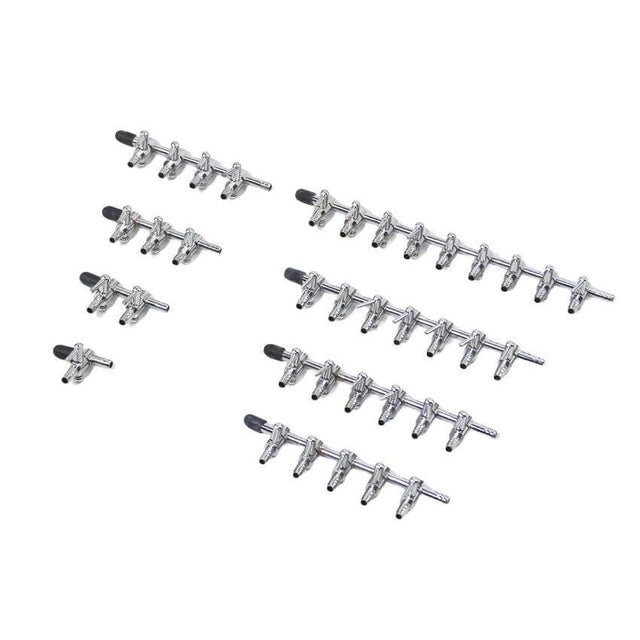 Set of metal control taps for airline tubing, designed for precise airflow control in aquariums and hydroponic systems.