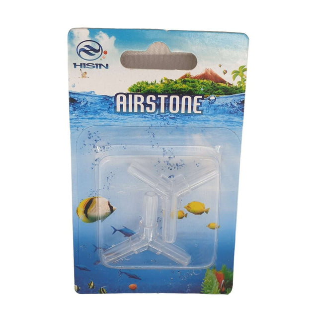 Airline tubing Y-piece accessory in packaging for aquarium aeration systems. Ideal for splitting airline directions.