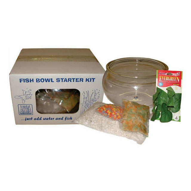 Akwaria Fishbowl Starter Kit with fishbowl, substrate, fish food, and aquatic plants for beginners.