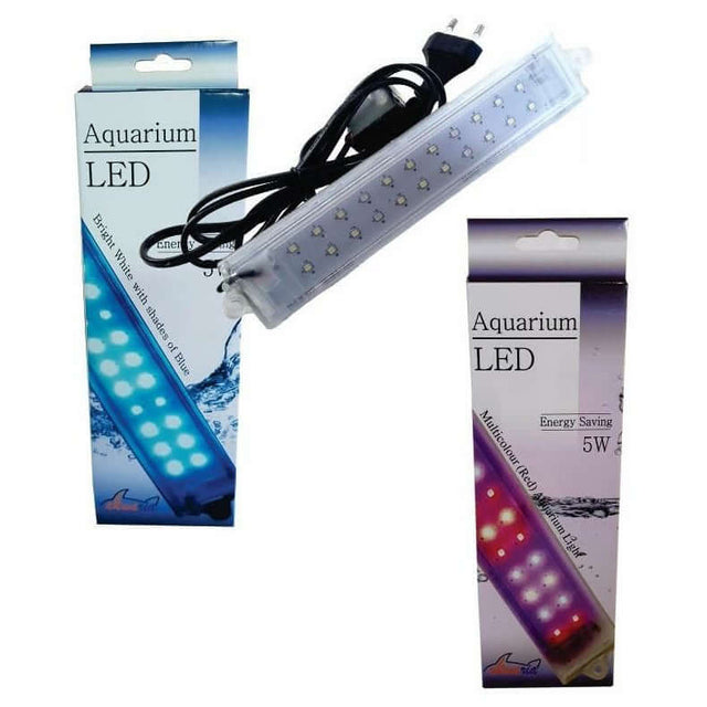 Akwaria 5w LED aquarium light with plug, showcasing waterproof design and packaging for freshwater and saltwater options.