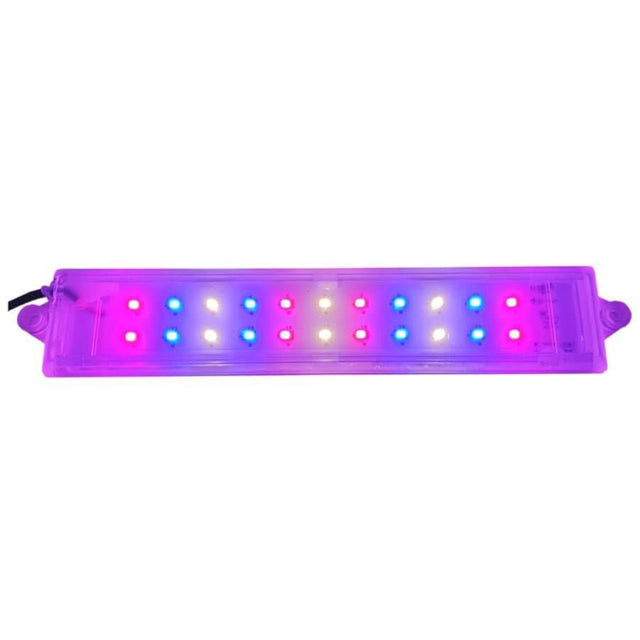 Akwaria 5w LED Aquarium Light in waterproof housing with red, white, and blue LEDs, ideal for freshwater and saltwater setups.