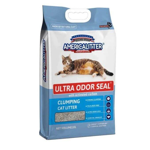 America Bentonite Clay Cat Litter 8 Kg bag with Ultra Odor Seal and activated carbon for effective odor control.