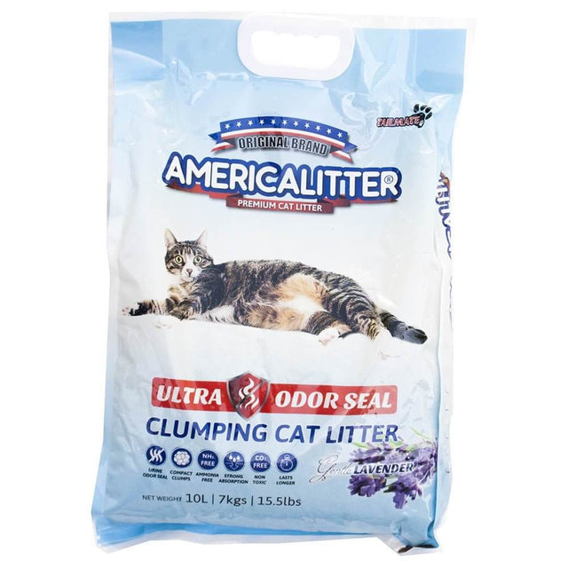America Bentonite Clay Cat Litter Lavender 7 Kg with Ultra Odor Seal and a cat on the packaging.