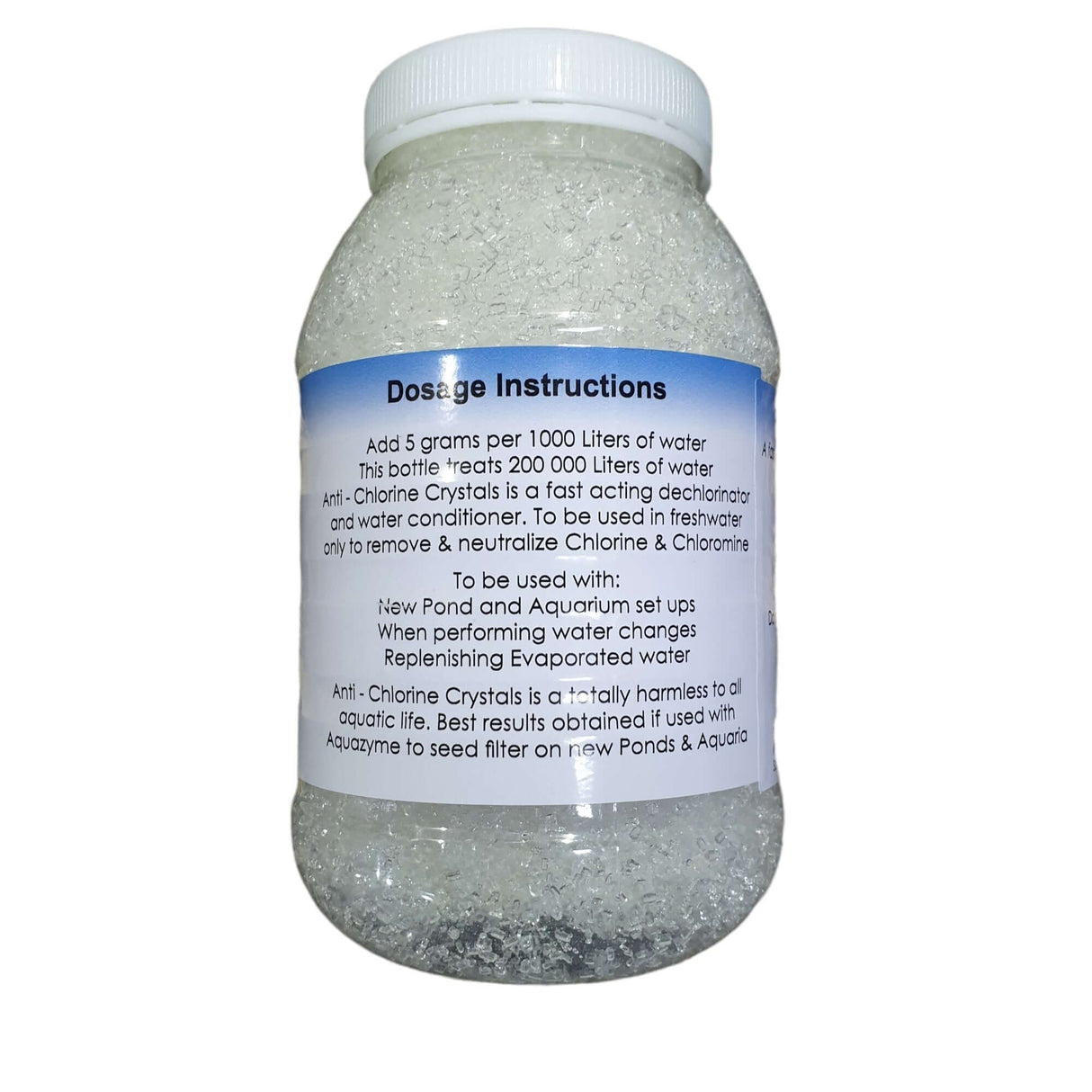 Anti Chlorine Crystals 200g de-chlorinator bottle with dosage instructions for pond and aquarium water treatment.