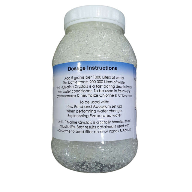 Anti Chlorine Crystals 200g de-chlorinator bottle with dosage instructions for pond and aquarium water treatment.