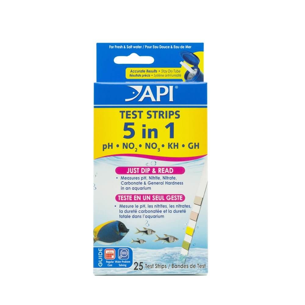 API 5 in 1 Test Strips package for testing pH, NO2, NO3, KH, and GH in aquarium water. Easy dip and read method.
