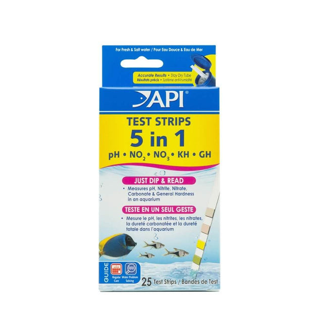API 5 in 1 Test Strips package for testing pH, NO2, NO3, KH, and GH in aquarium water. Easy dip and read method.
