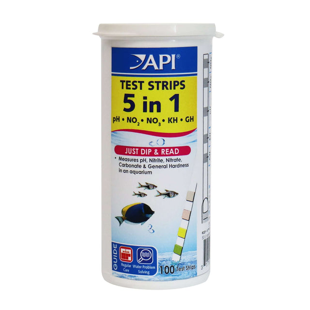 API 5 in 1 Test Strips for aquarium water testing: measures pH, NO2, NO3, KH, and GH. 100 strips included. Just dip and read.